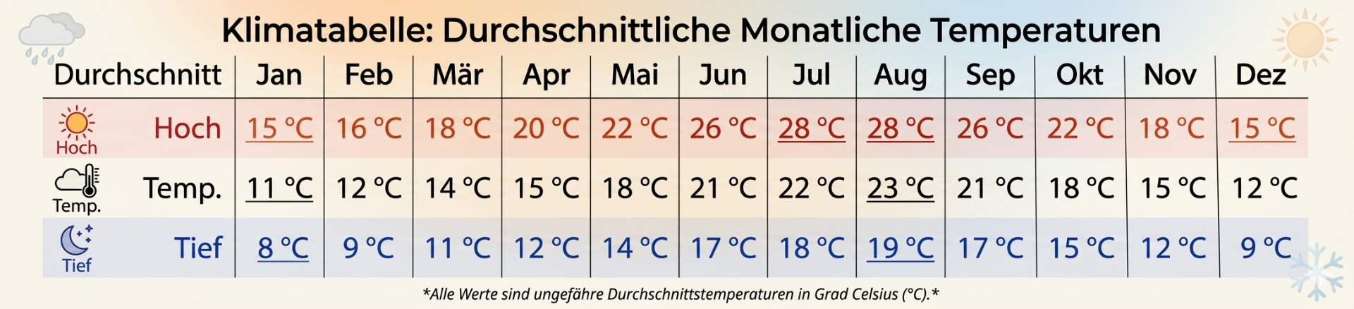 Durchschnittliche Höchst- und Tiefsttemperatur in Lissabon