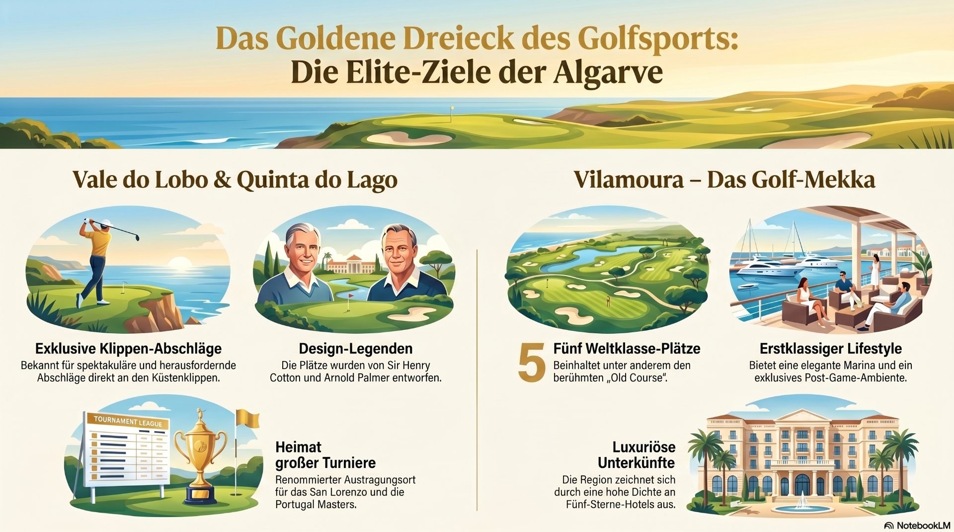 Illustration mit Golfplatz an der Küste, Textüberschrift und vier Golf-Highlights, inklusive Marina und Hotelgrafik.