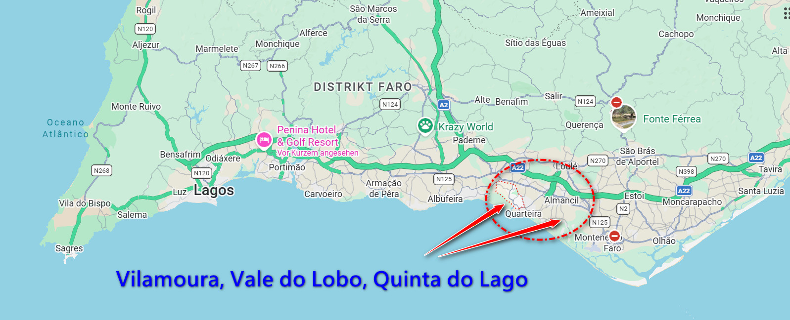 Karte der Algarve mit markiertem Gebiet um Quarteira, Faro und Lagos, inklusive Hotel-Standort und Routen.