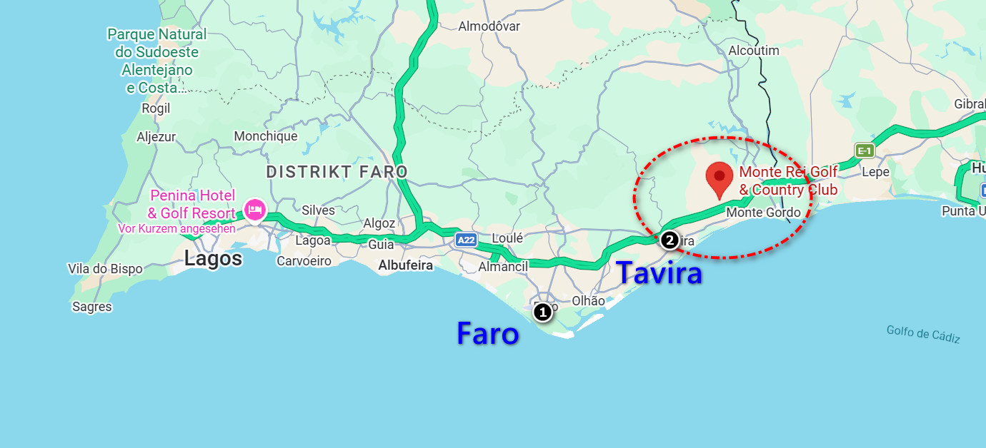 Karte der Algarve mit markiertem Bereich bei Tavira, Monte Rei Golf & Country Club und Faro.