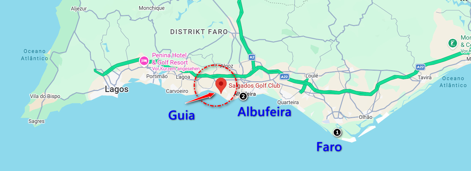 Karte der Algarve mit markiertem Standort „Salgados Golf Club“ bei Albufeira, umgeben von Straßen.