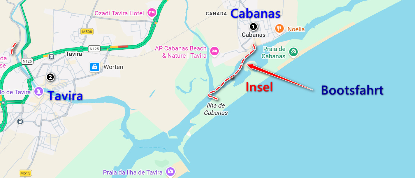 Karte von Tavira mit markierter Insel und Bootsfahrt-Route entlang der Küste.