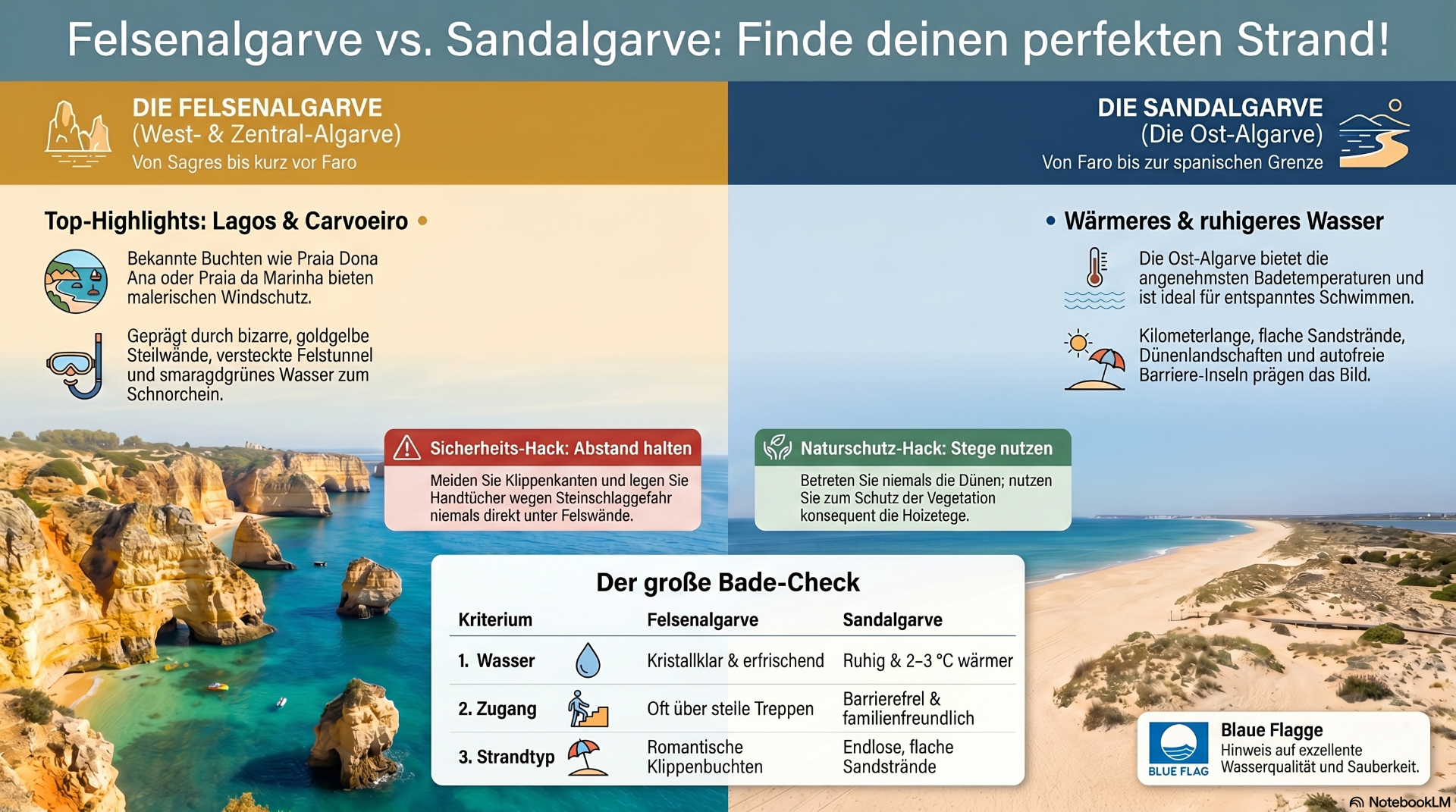 Vergleichsgrafik zu Felsenalgarve und Sandalgarve mit Strandfotos, Infoboxen und Tabelle am unteren Rand.
