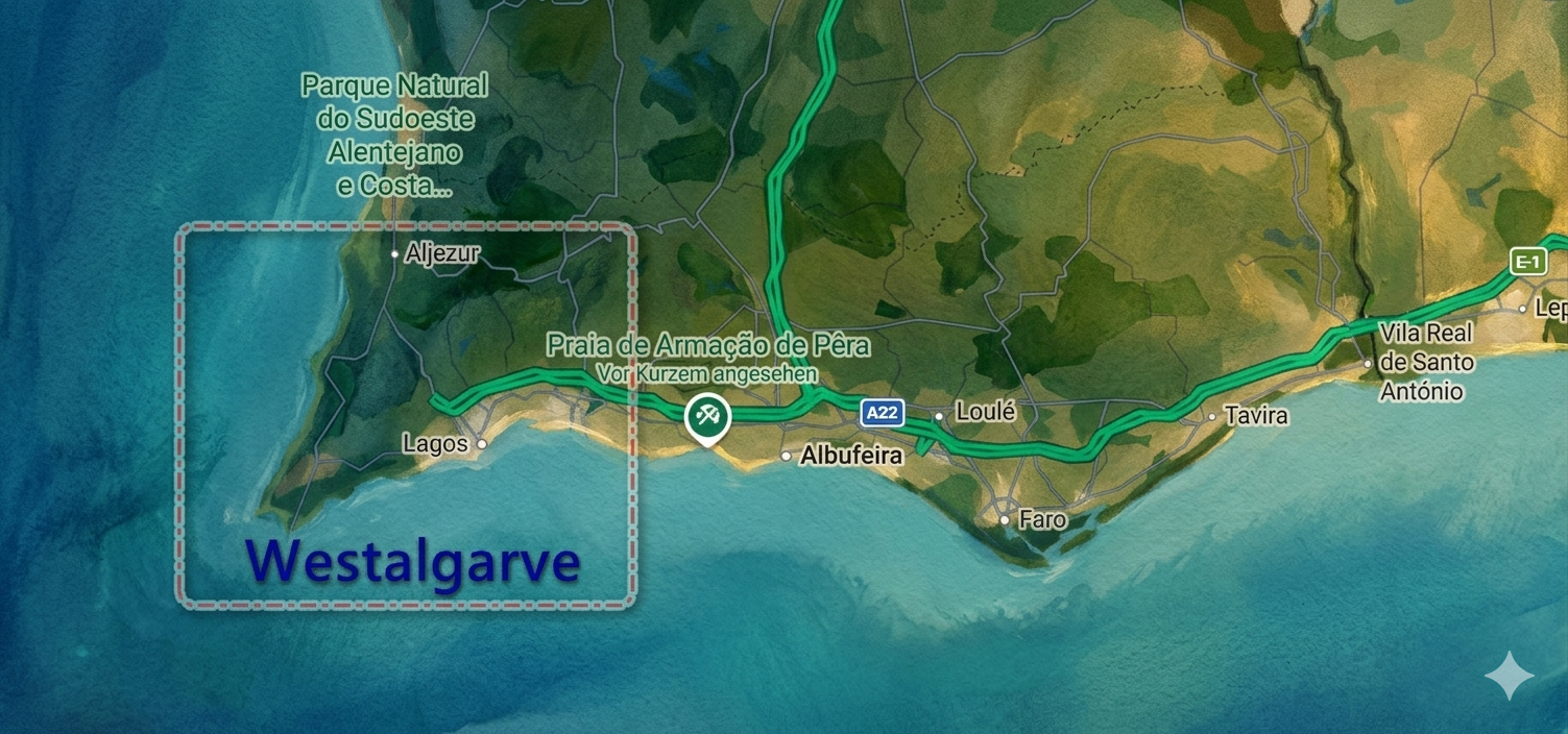 Karte der Algarve mit markierter Route, Städtenamen und hervorgehobenen Küstenabschnitten, inklusive Westalgarve-Umrandung.