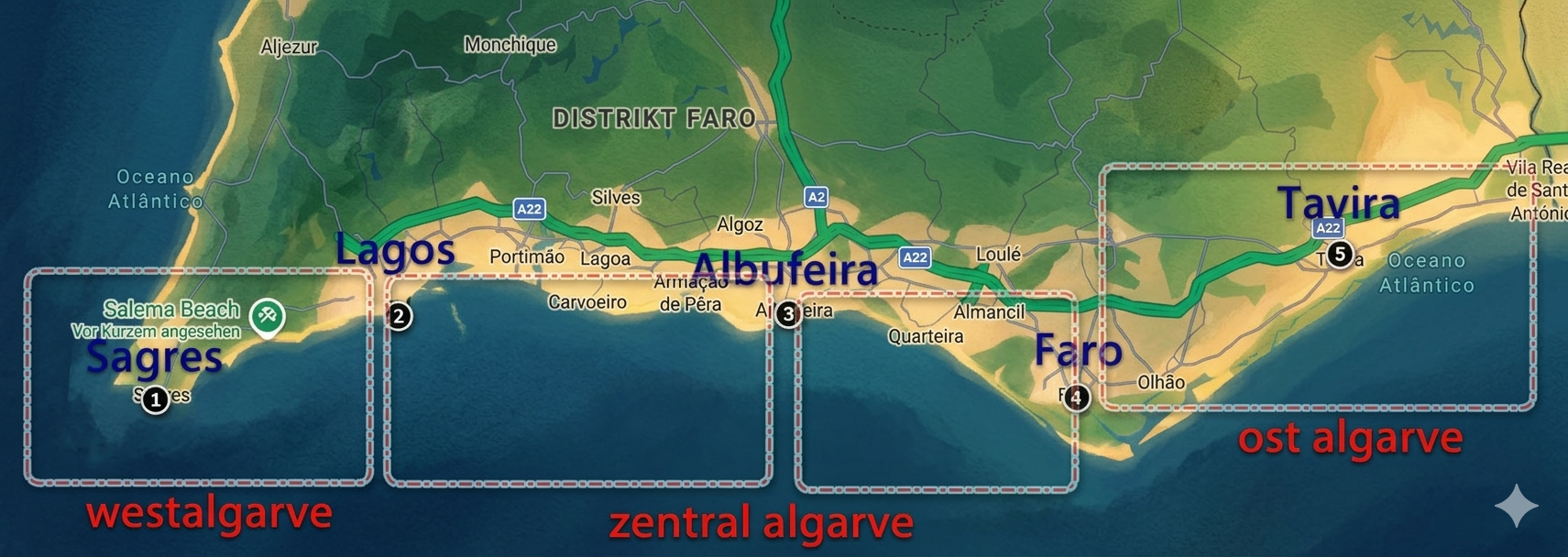 Karte der Algarve mit Städten Lagos, Albufeira, Faro, Tavira und markierten Routenabschnitten.