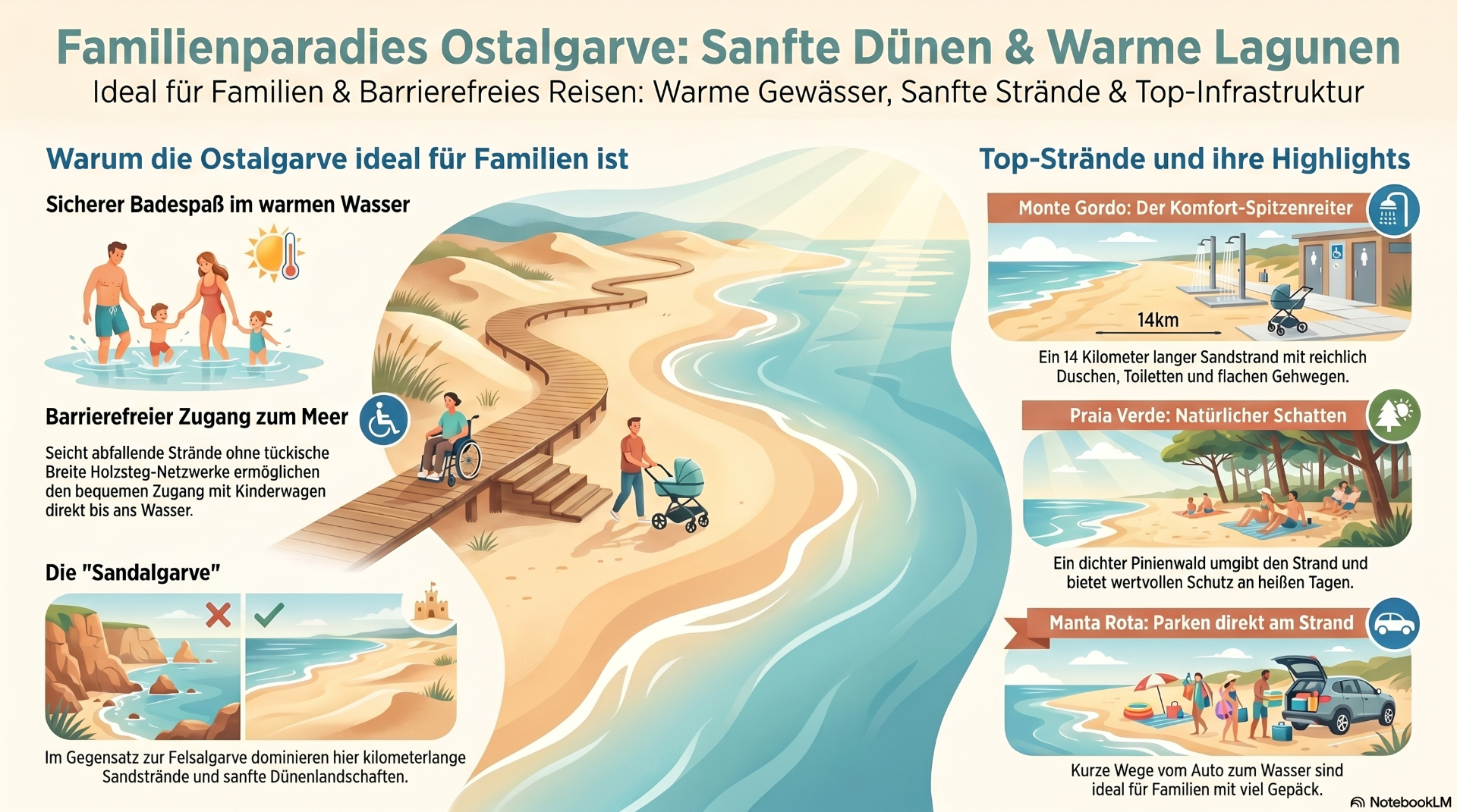Illustration einer barrierefreien Familienreise an der Ostalgarve: Strand, Dünen, Wege, Kinder und Infografik-Elemente.