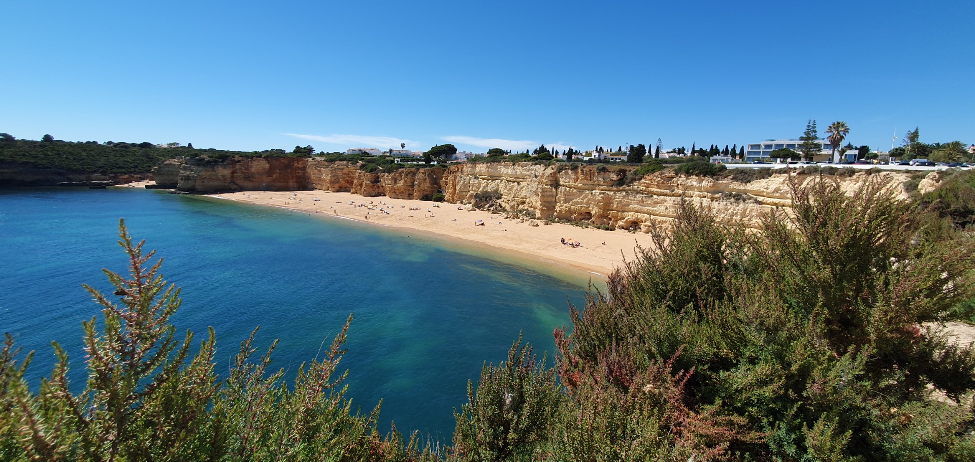 Bucht Zentral Algarve mit türkisfarbenem Meer, Sandstrand und steilen Felsklippen, umgeben von Sträuchern und Bäumen.