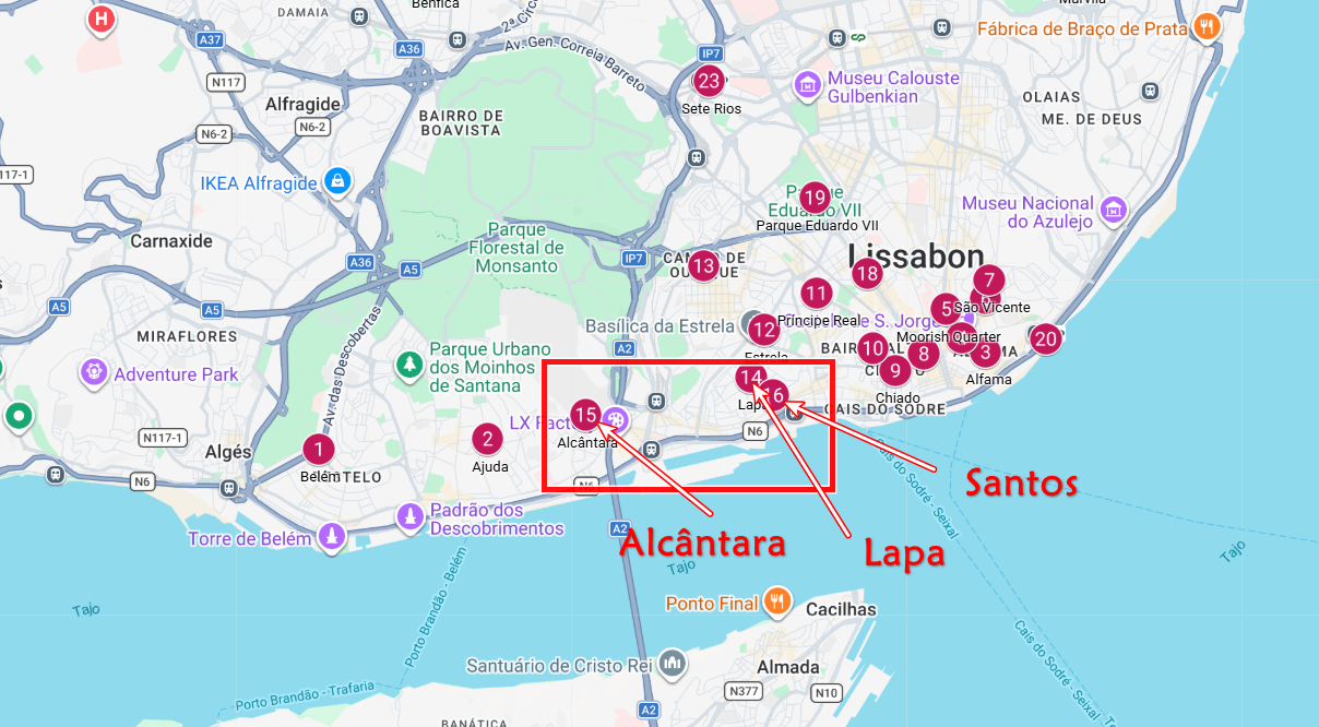 Karte von Lissabon mit markiertem Bereich um Alcântara, Lapa und Santos, inklusive Sehenswürdigkeiten und Routen.
