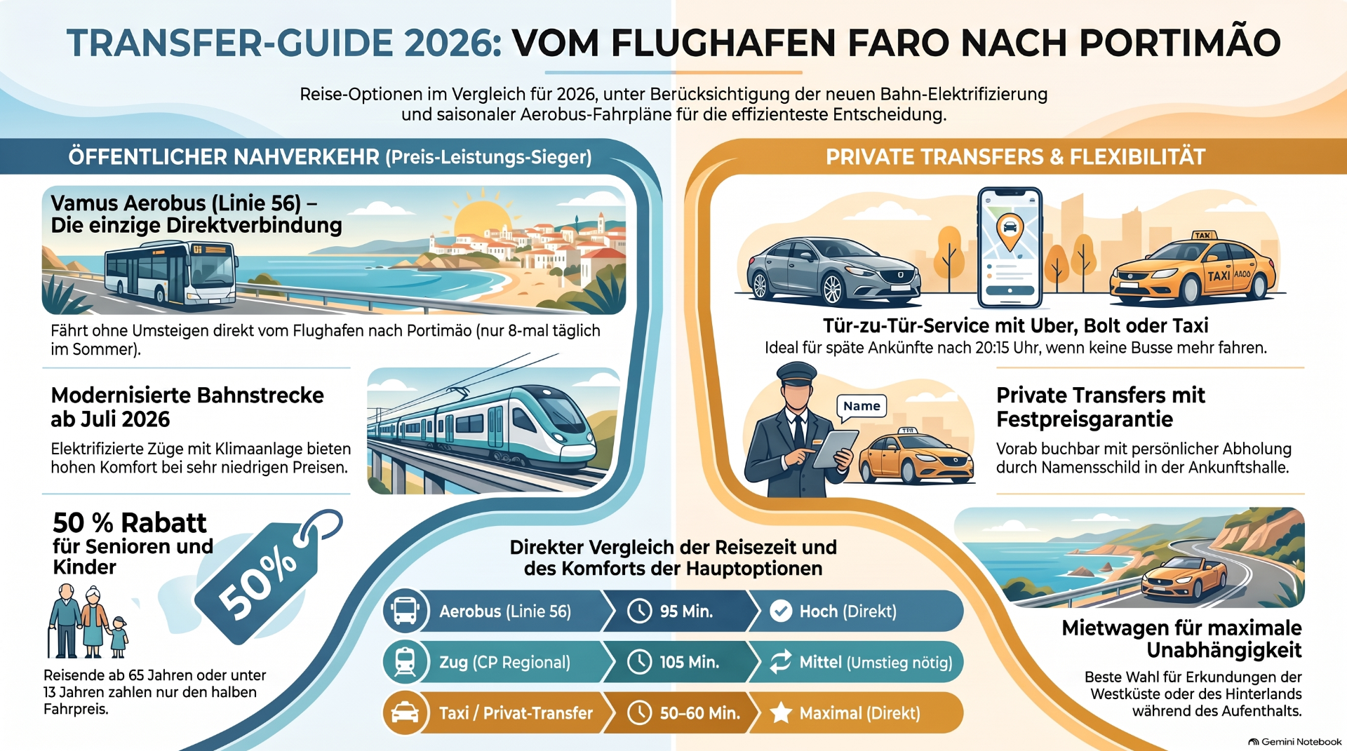 Infografik zum Transfer-Guide 2026: öffentlicher Nahverkehr, private Transfers, Zug und Taxi von Faro nach Portimão.