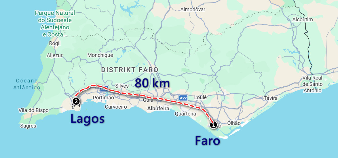 Karte der Algarve mit markierter Route von Faro nach Lagos, gestrichelte Linie und Entfernungsangabe 80 km.