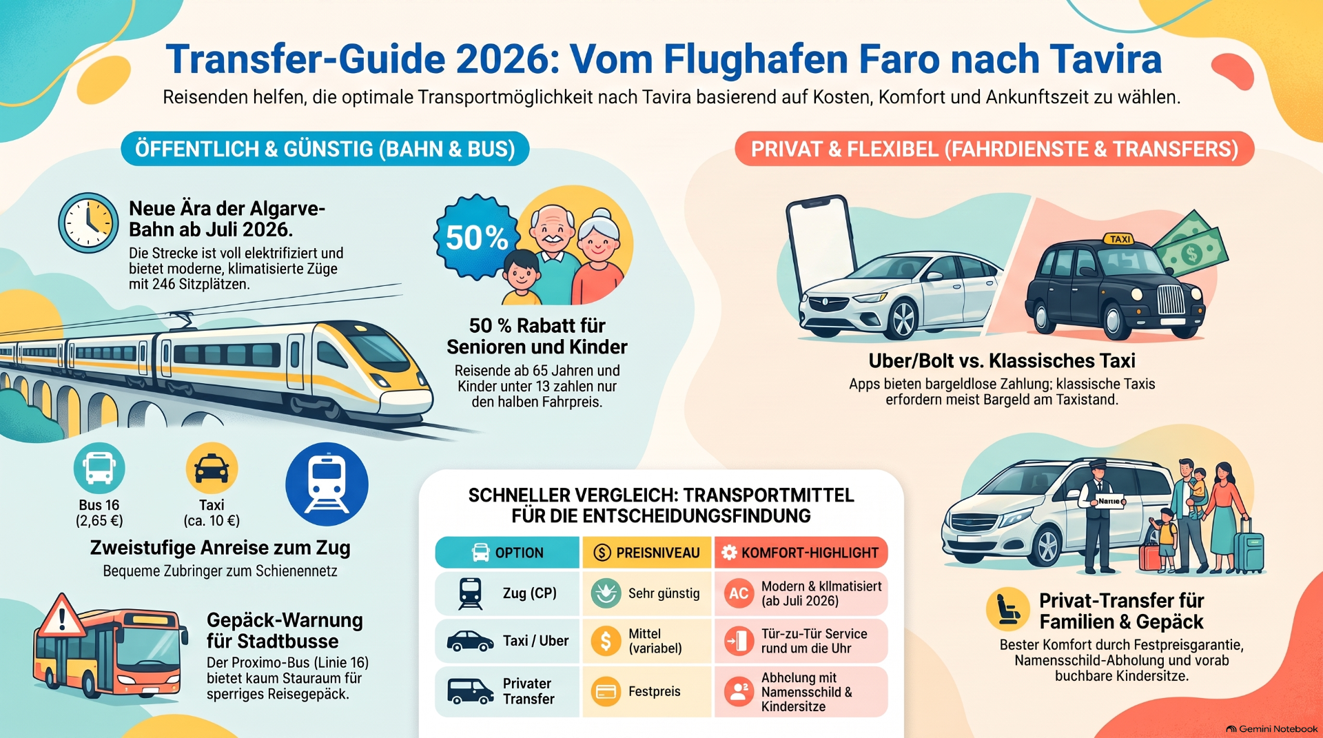Infografik zum Transfer-Guide 2026 von Faro nach Tavira mit Zug, Bus, Taxi, Rabatten und Vergleichstabelle.