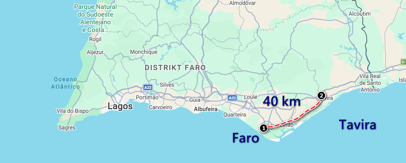 Karte der Algarve mit markierten Städten Faro und Tavira sowie Route und 40 km Entfernung.