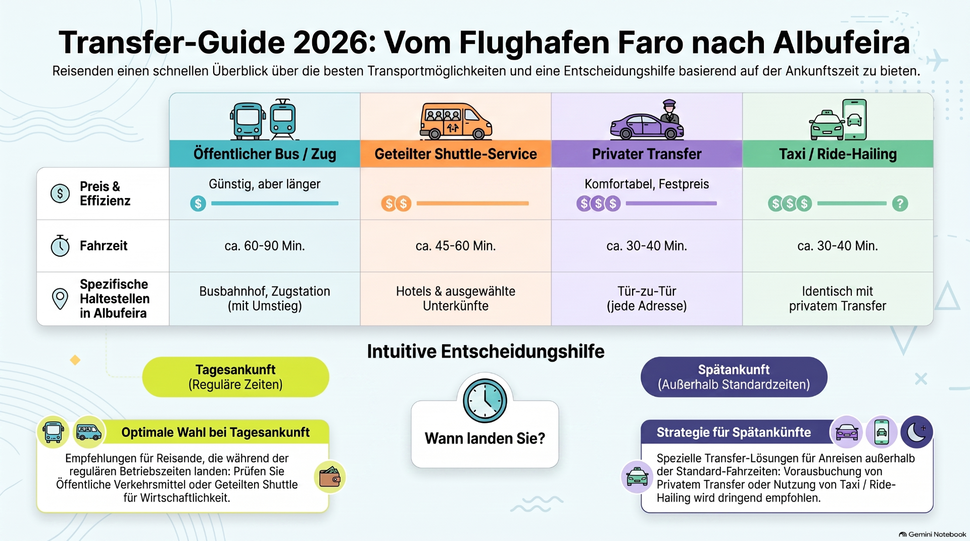 Infografik mit Transfer-Optionen vom Flughafen Faro nach Albufeira, Bus, Shuttle, Privattransfer und Taxi, inkl. Zeiten und Preisen.