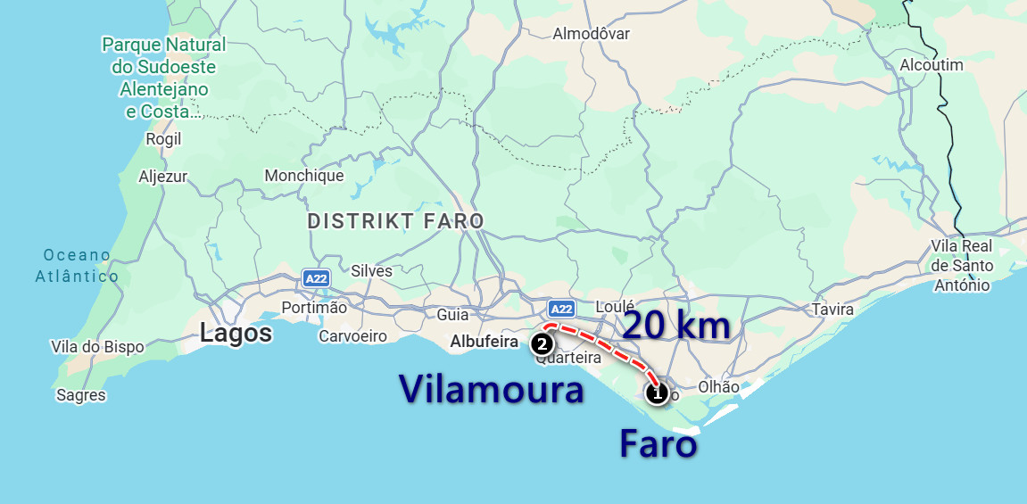 Karte von Portugal mit Route nach Faro, markiert durch rote Linie und Kilometerangabe 20 km.