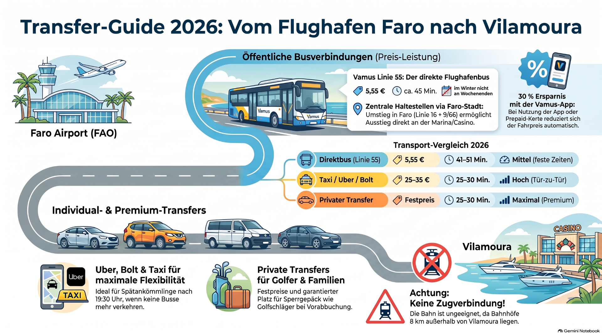 Infografik zum Transfer 2026 vom Flughafen Faro nach Viamoura mit Bus, Taxi, Preisen und Warnhinweisen.