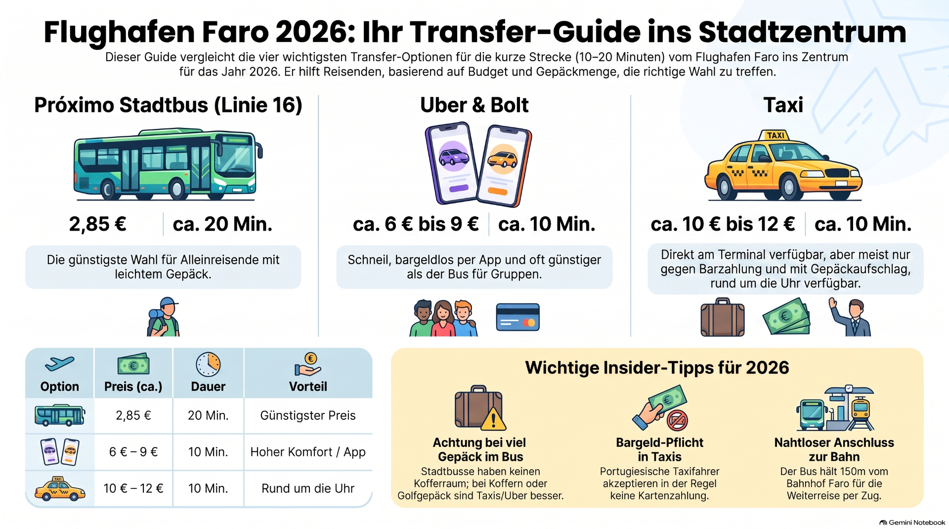 Infografik zu Flughafentransfer Faro 2026 mit Bus, Uber/Bolt und Taxi, Preisen, Zeiten und Tipps.
