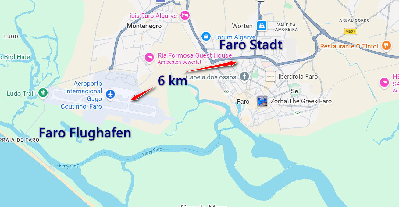 Karte von Faro Stadt mit markiertem Ziel, Pfeilen und Entfernungsangabe 6 km zum Flughafen.