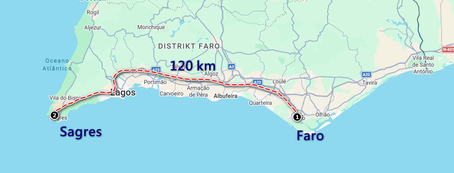Karte der Algarve mit markierten Routen von Sagres nach Faro, gestrichelte Linie und Entfernungsangabe.