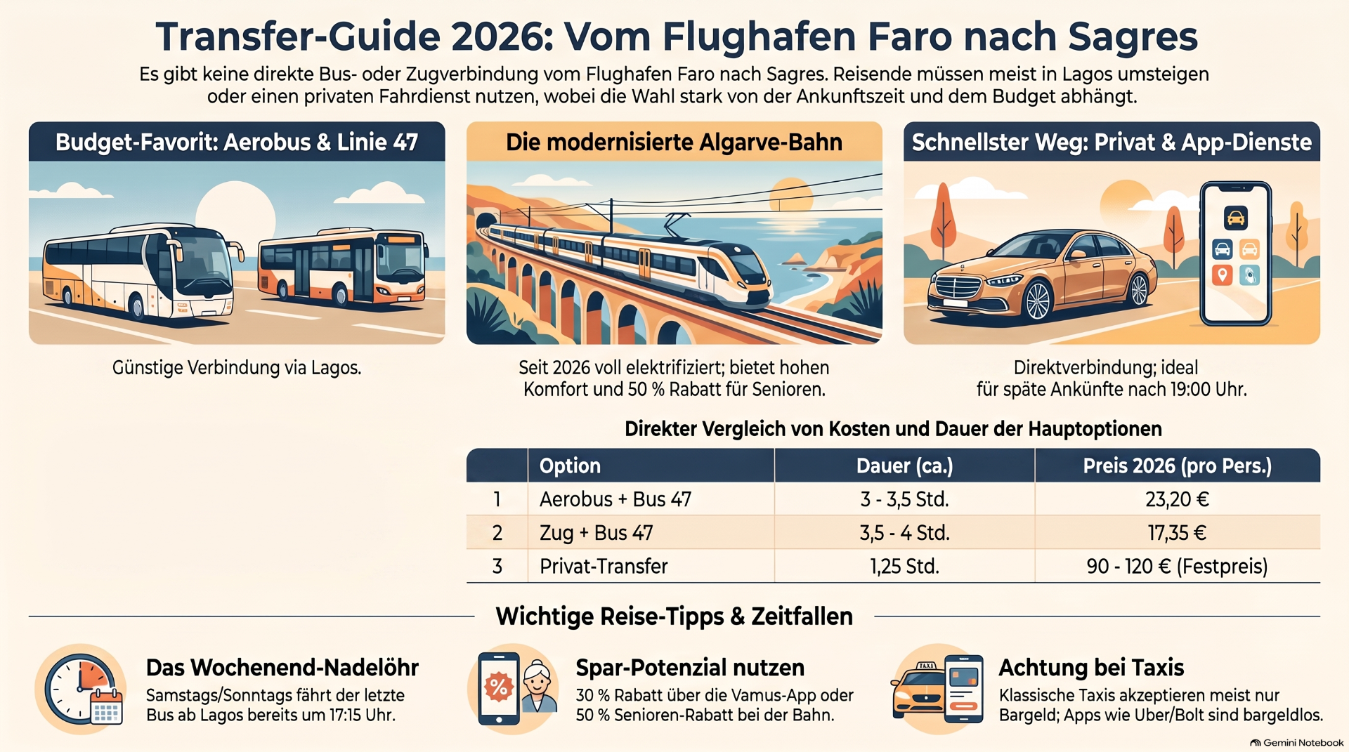 Drei Infografik-Illustrationen zeigen Bus, Zug und Auto mit App, plus Tabelle und Reisetipps. von faro nach sagres