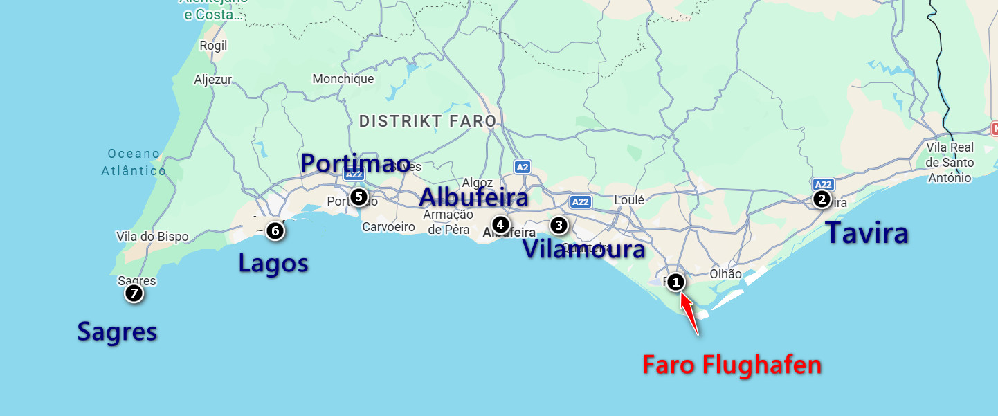 Karte der Algarve in Portugal mit markiertem Standort „Faro Flughafen“ und Städten wie Tavira, Lagos und Sagres.