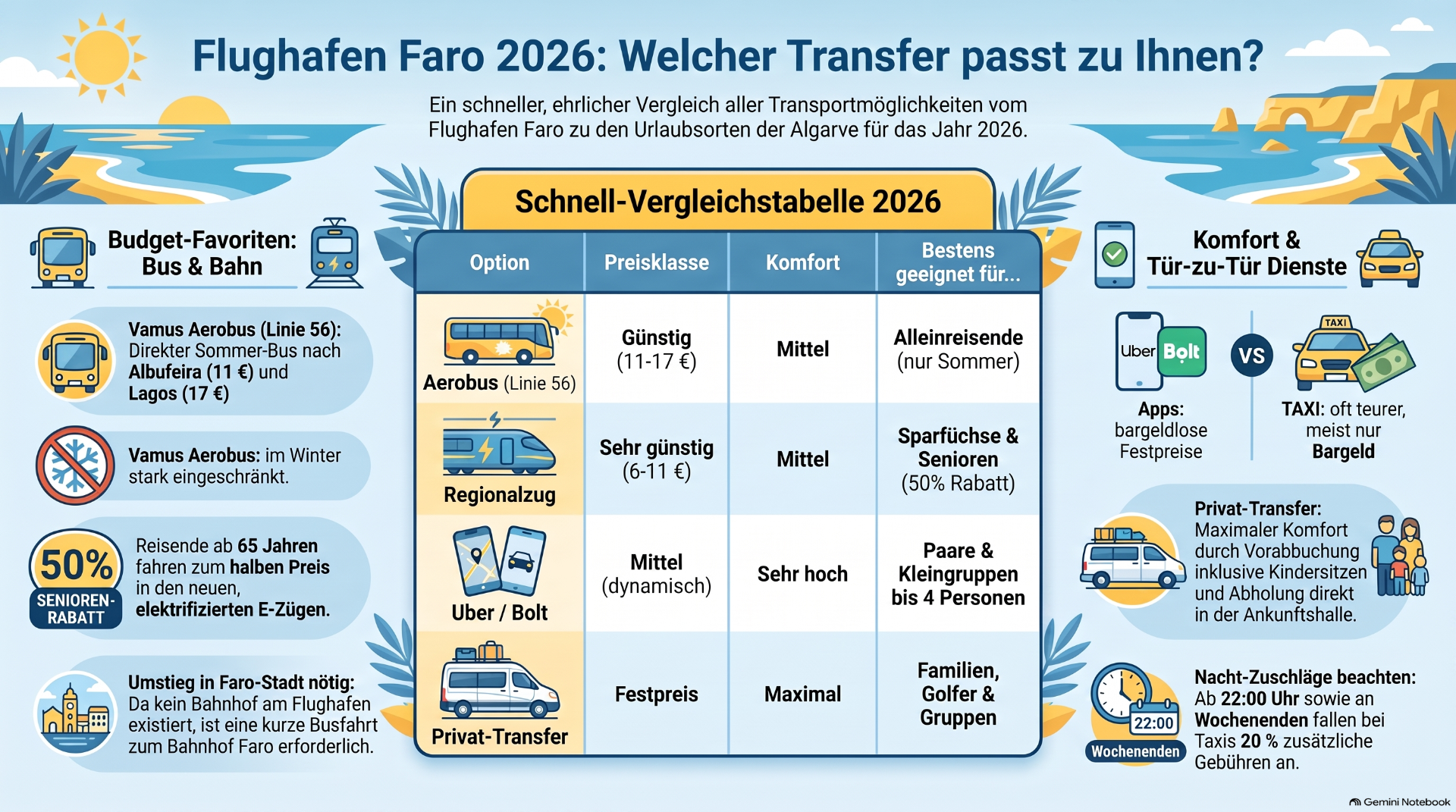 Infografik zum Flughafen Faro 2026 mit Transfer-Vergleichstabelle, Transportoptionen, Preisen und Hinweisen für Urlauber.