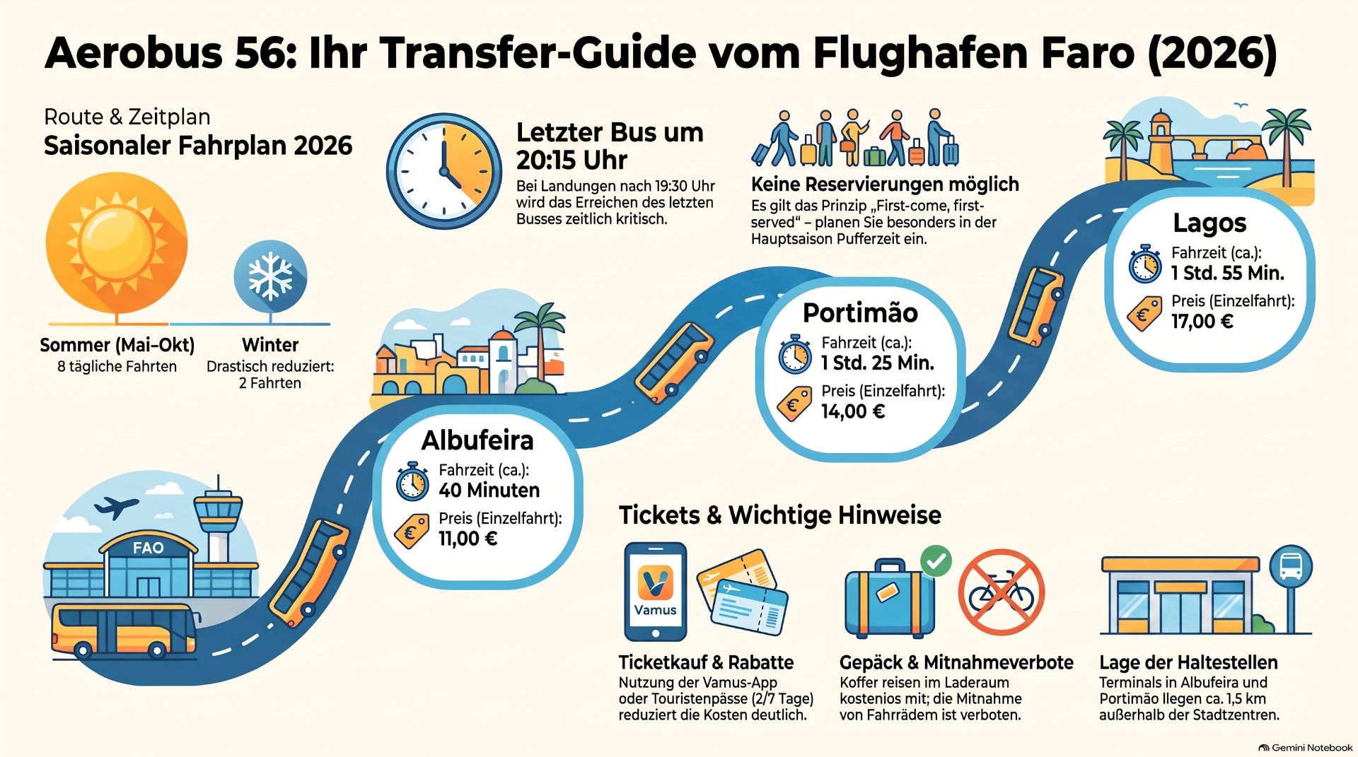 Infografik zum Transferguide Aerobus 56: Routen, Fahrzeiten, Preise und Hinweise von Faro nach Lagos, Portimão, Albufeira.