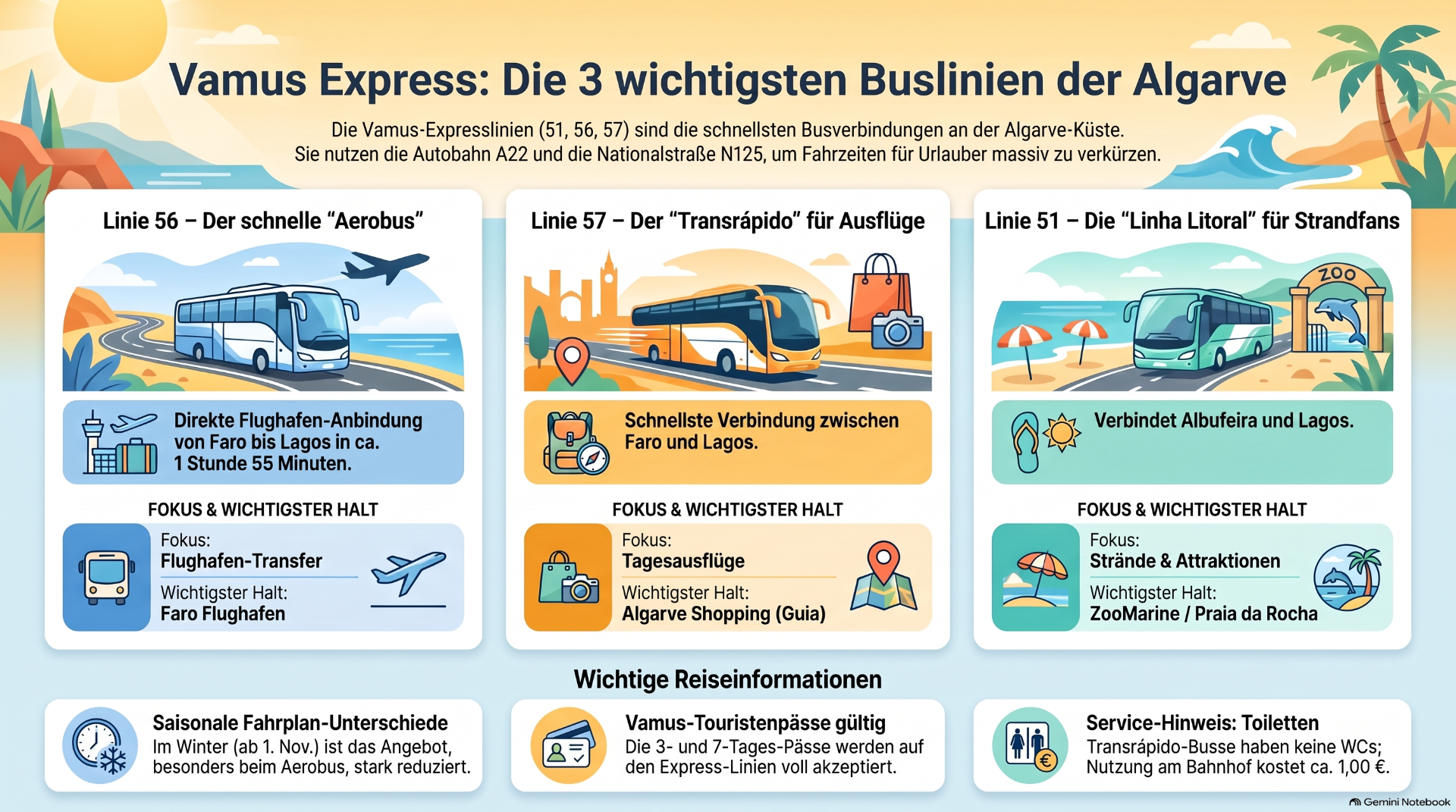 Infografik zu Vamus Express: drei Buslinien 51, 56, 57 mit Reisezeiten, Zielen und Illustrationen an der Algarve.