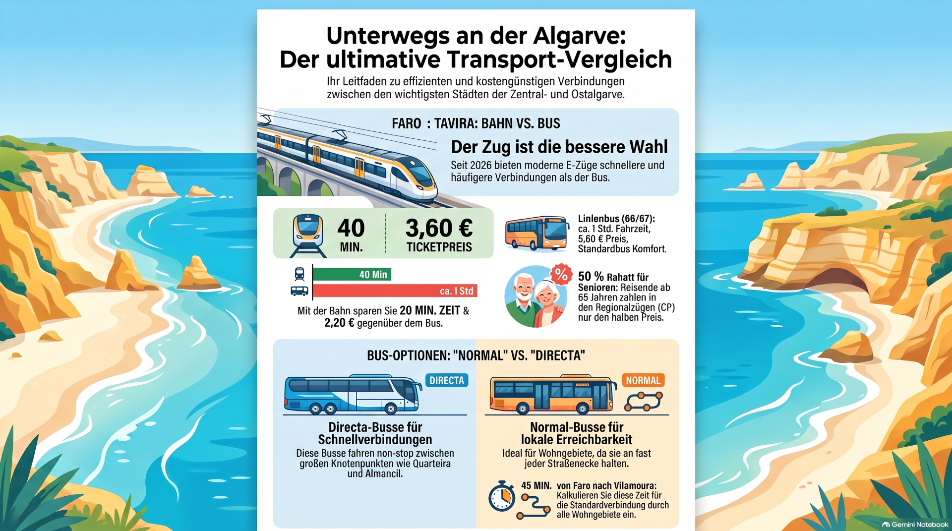 Infografik zum Transportvergleich Faro nach Tavira mit Zug und Bus, Küstenlandschaft und Preisangaben.