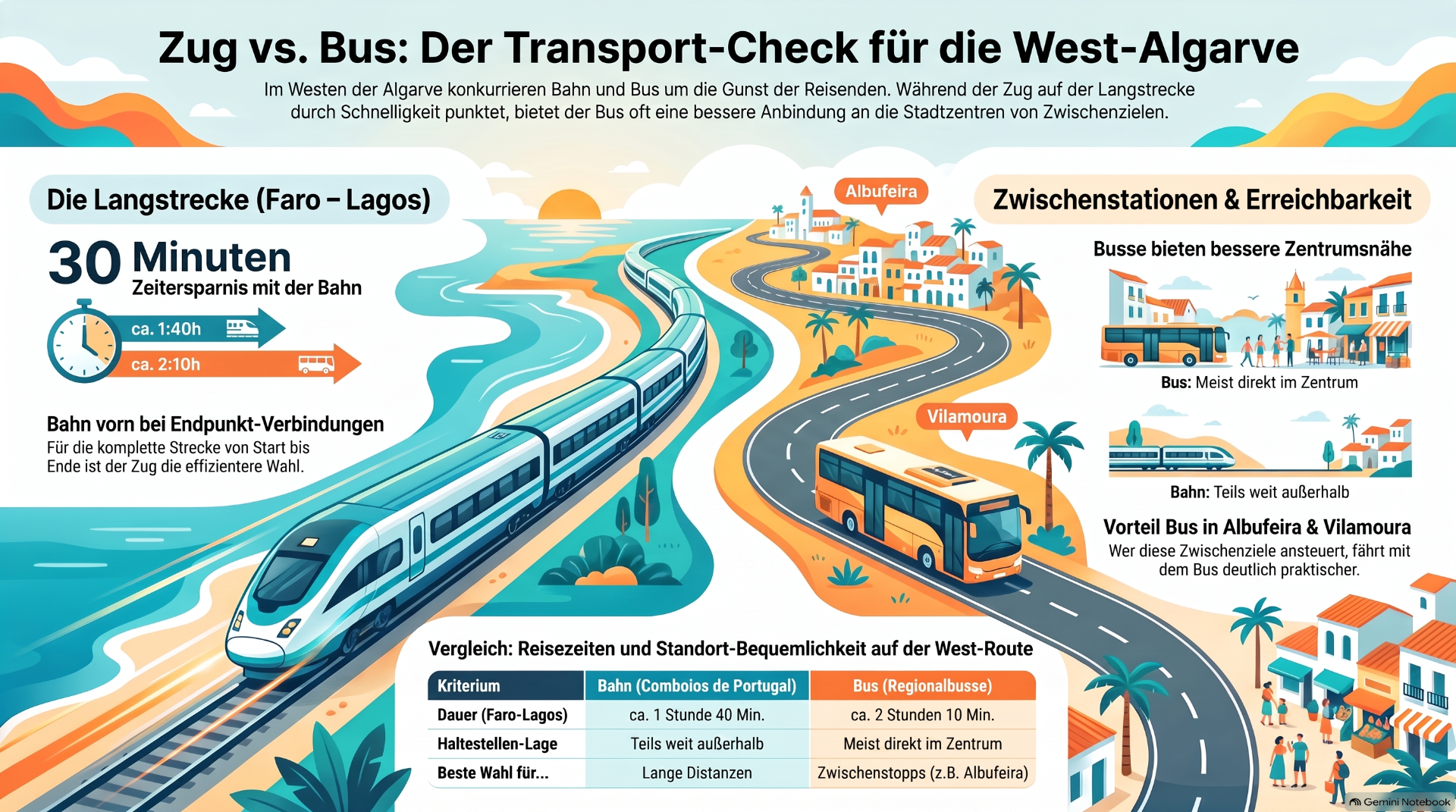 Infografik mit Zug und Bus auf Route entlang der Algarve, Vergleich von Reisezeit und Erreichbarkeit.