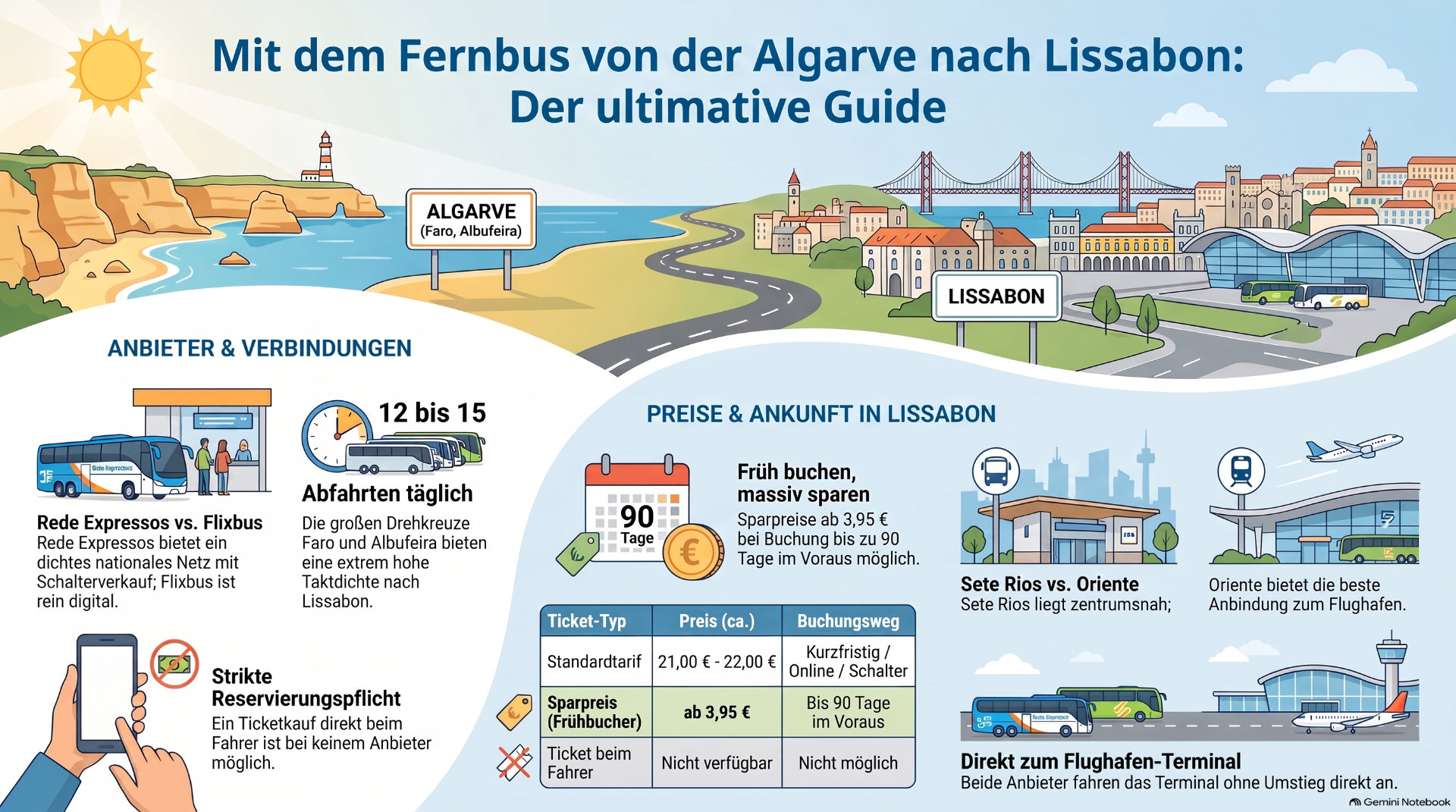 Illustration mit Route von der Algarve nach Lissabon, Bus, Zug, Flugzeug, Preise und Ankunftstipps.