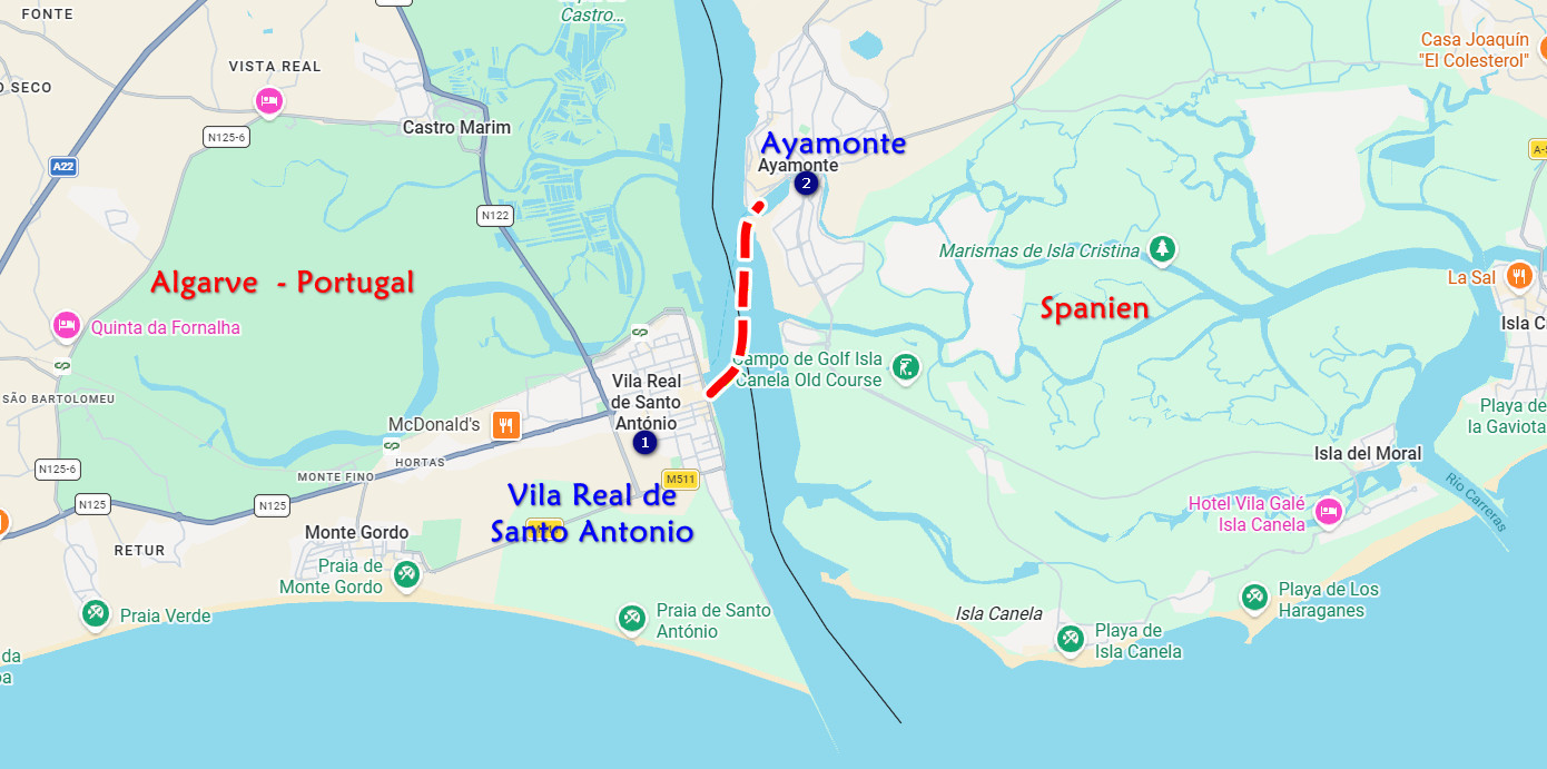 Karte mit markierter Route zwischen Ayamonte, Vila Real de Santo Antonio und Grenze Portugal Spanien.