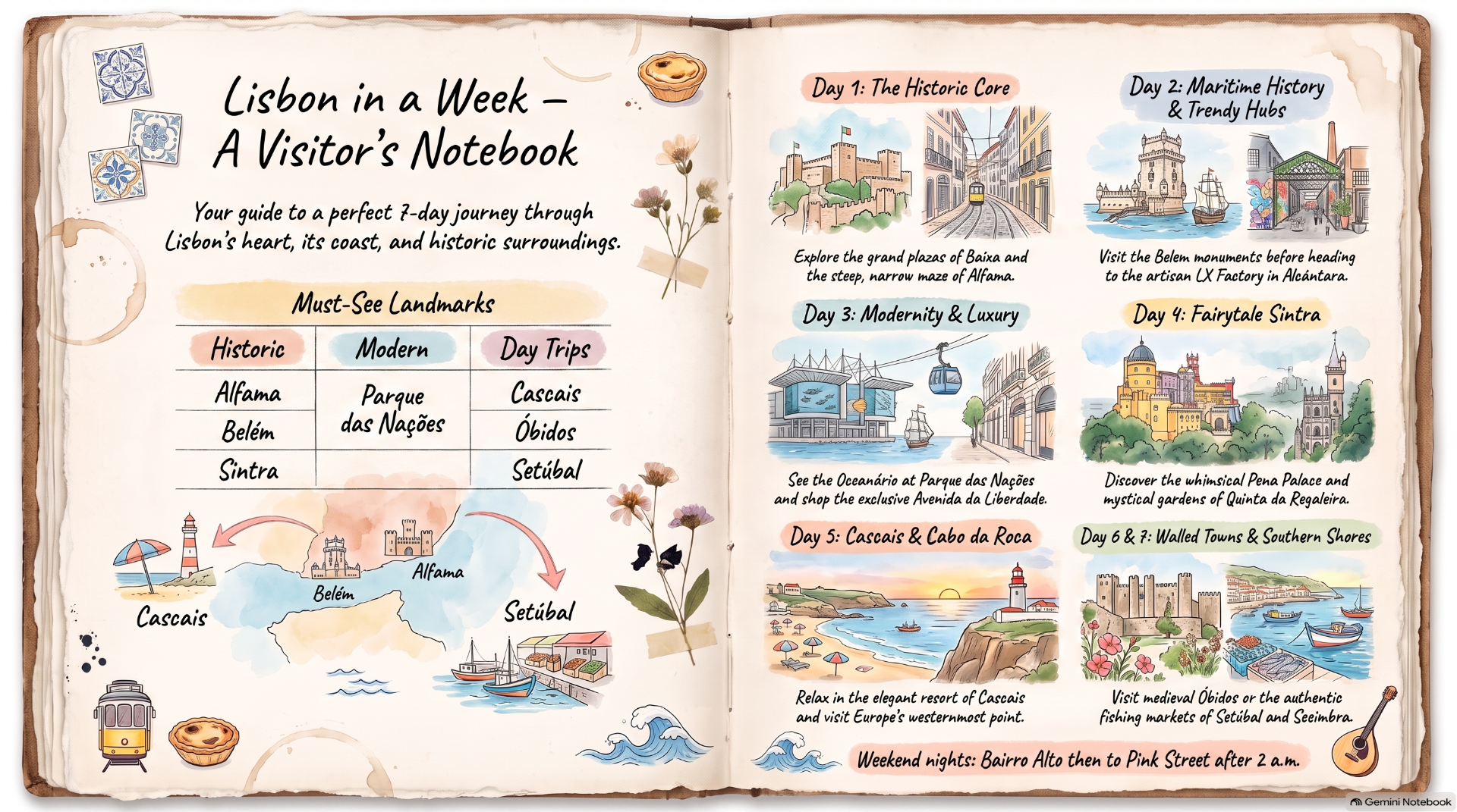 Hand-drawn Lisbon travel notebook spread with illustrated landmarks, day-by-day itinerary, and map of nearby towns.