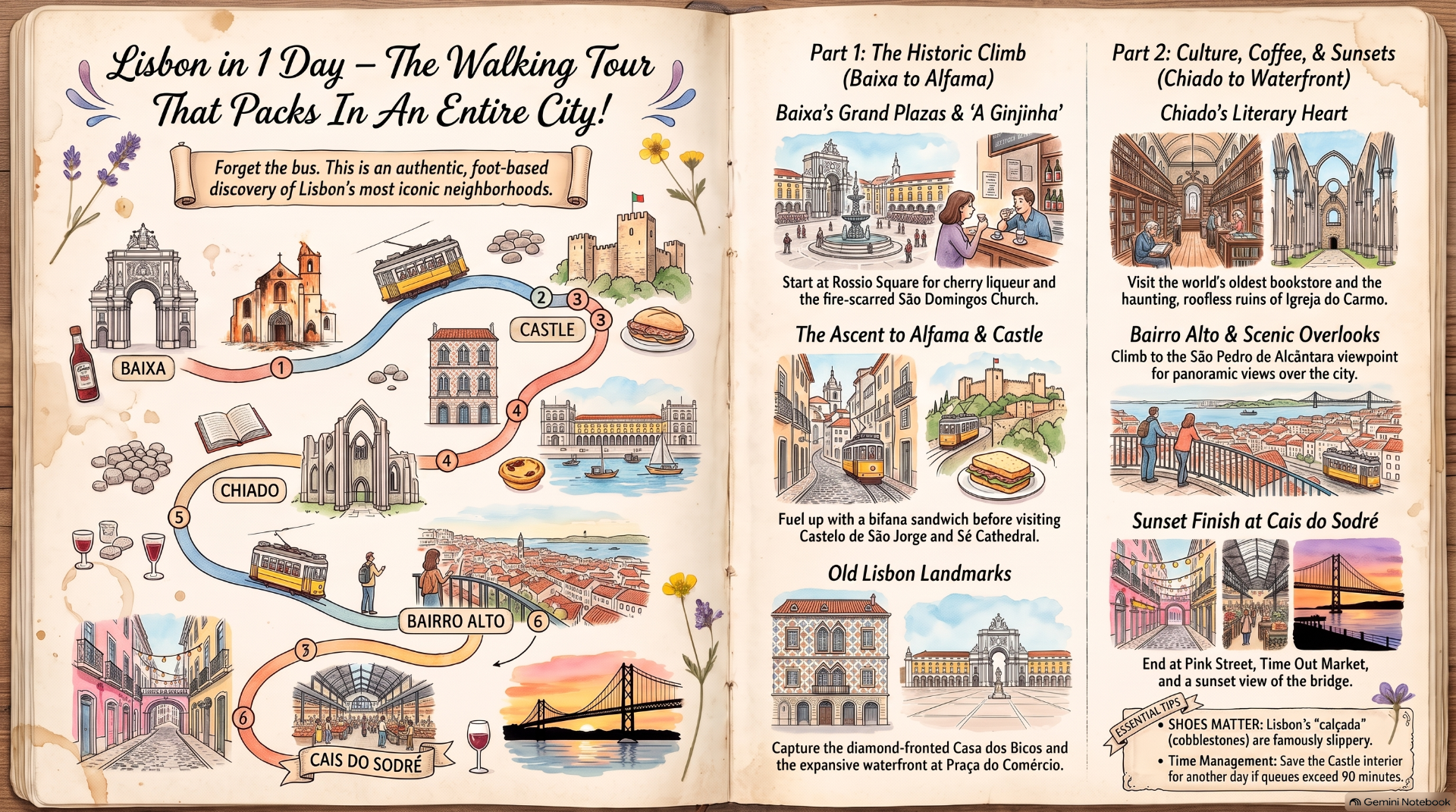 Illustrated Lisbon walking tour map in an open book, showing neighborhoods, landmarks, and sunset scenes.