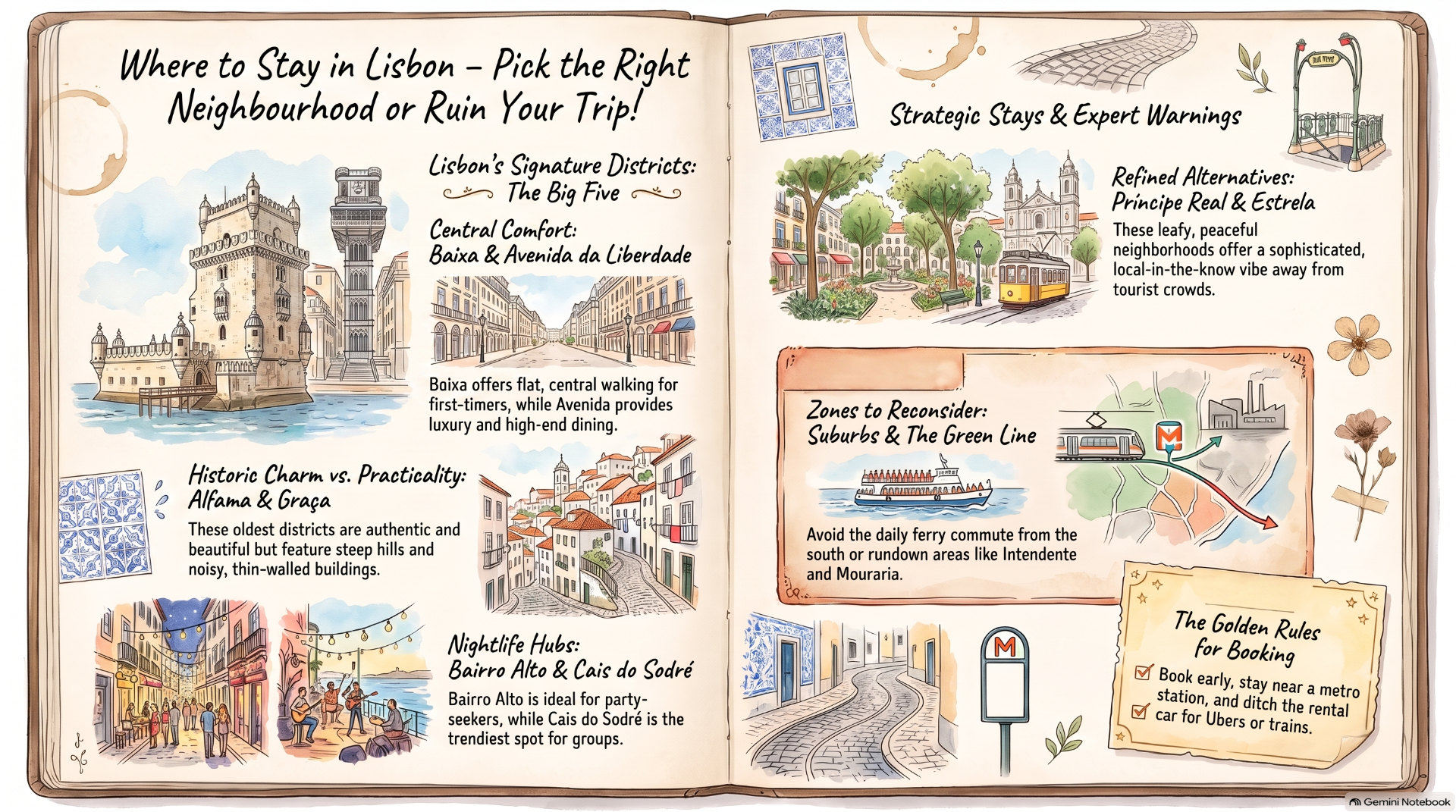 Illustrated Lisbon travel guide spread with neighborhood tips, maps, landmarks, and handwritten headings on an open notebook.