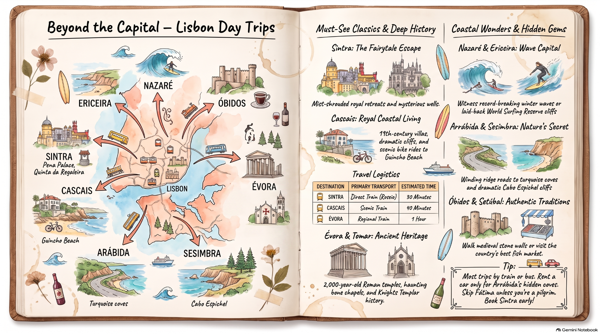 Open illustrated travel guide map of Lisbon day trips with labeled coastal towns, surf waves, and logistics table.