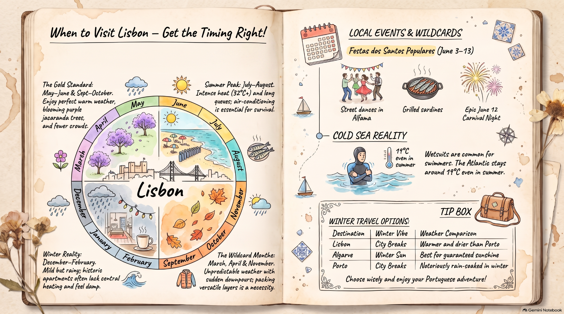 Hand-drawn travel guide spread about visiting Lisbon, with seasonal wheel, events, and winter travel tips.