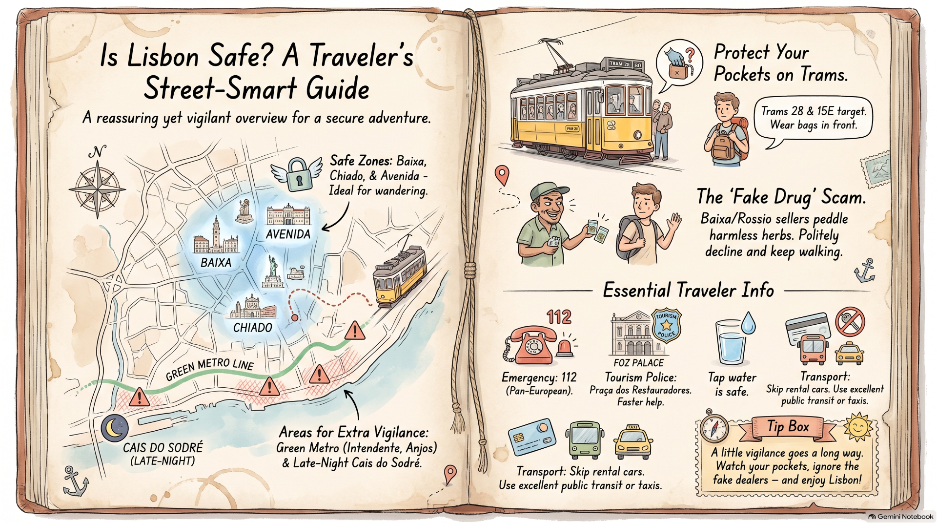 Open travel guide illustration with Lisbon map, tram safety tips, and scam warnings for tourists.