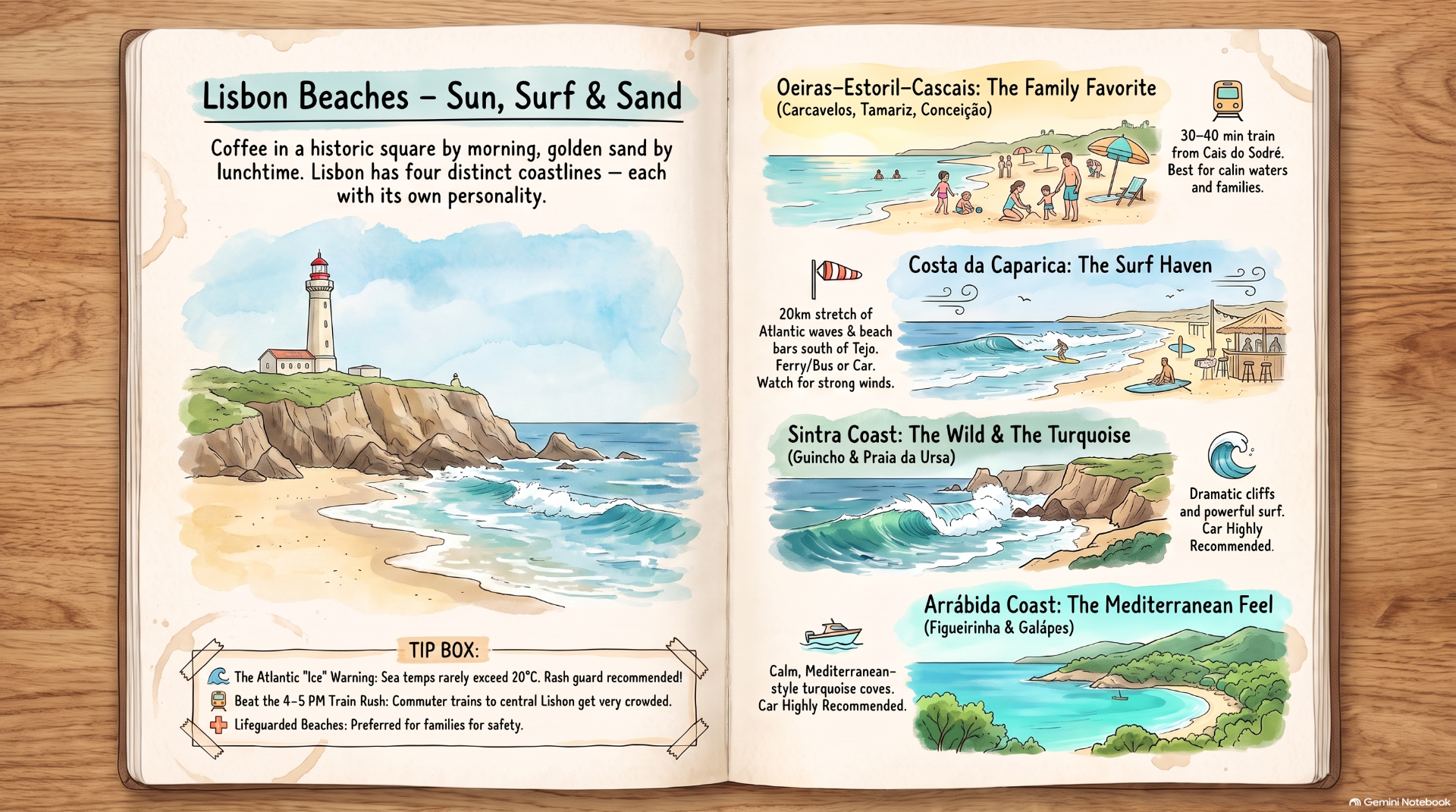 Open illustrated travel guide spread showing Lisbon beaches, lighthouse, surfers, and coastal descriptions with icons.