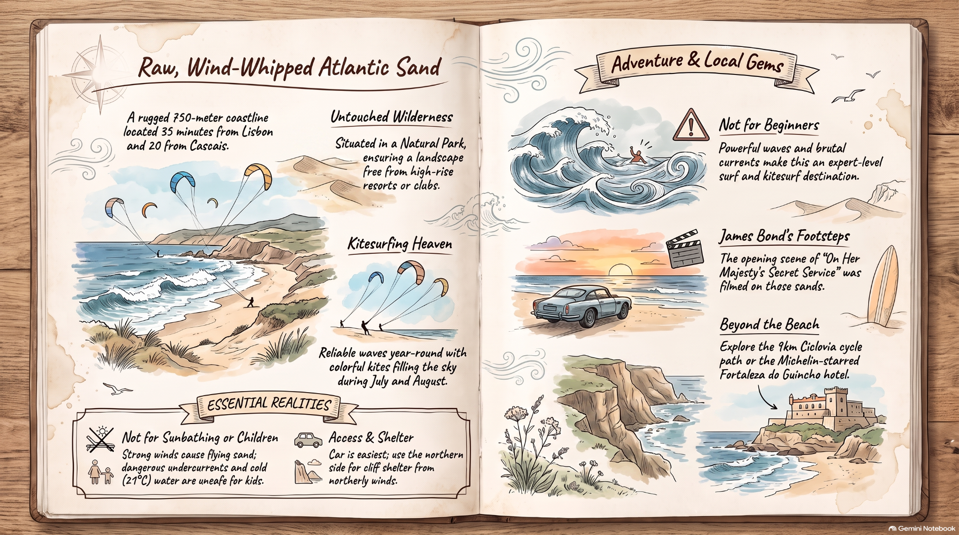 Open illustrated travel brochure spread showing Atlantic sand dunes, kitesurfing, waves, and safety notes.