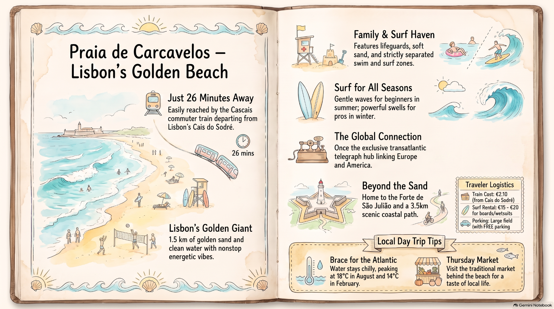 Illustrated travel guide spread about Praia de Carcavelos, Lisbon’s Golden Beach, with surfing zones and tips.