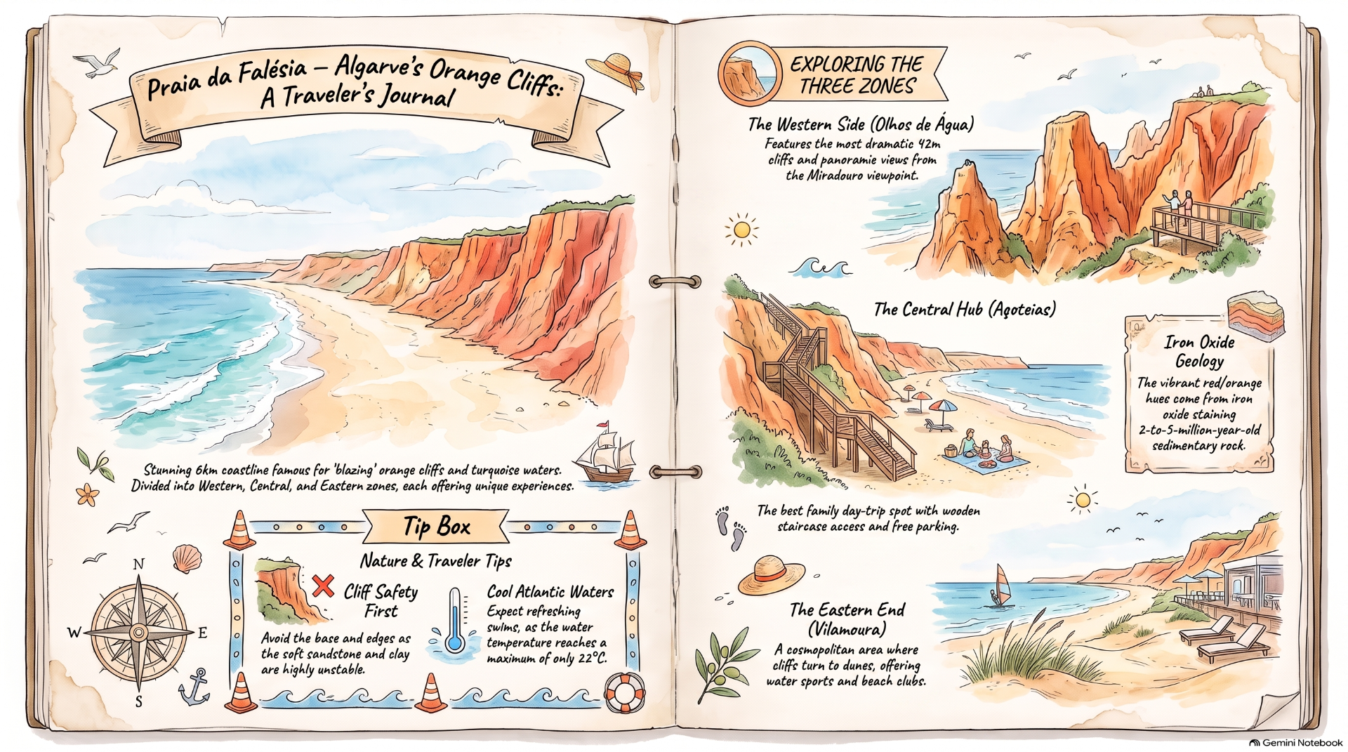 Illustrated travel journal spread showing Algarve orange cliffs, beaches, and three zones with tips and labels.