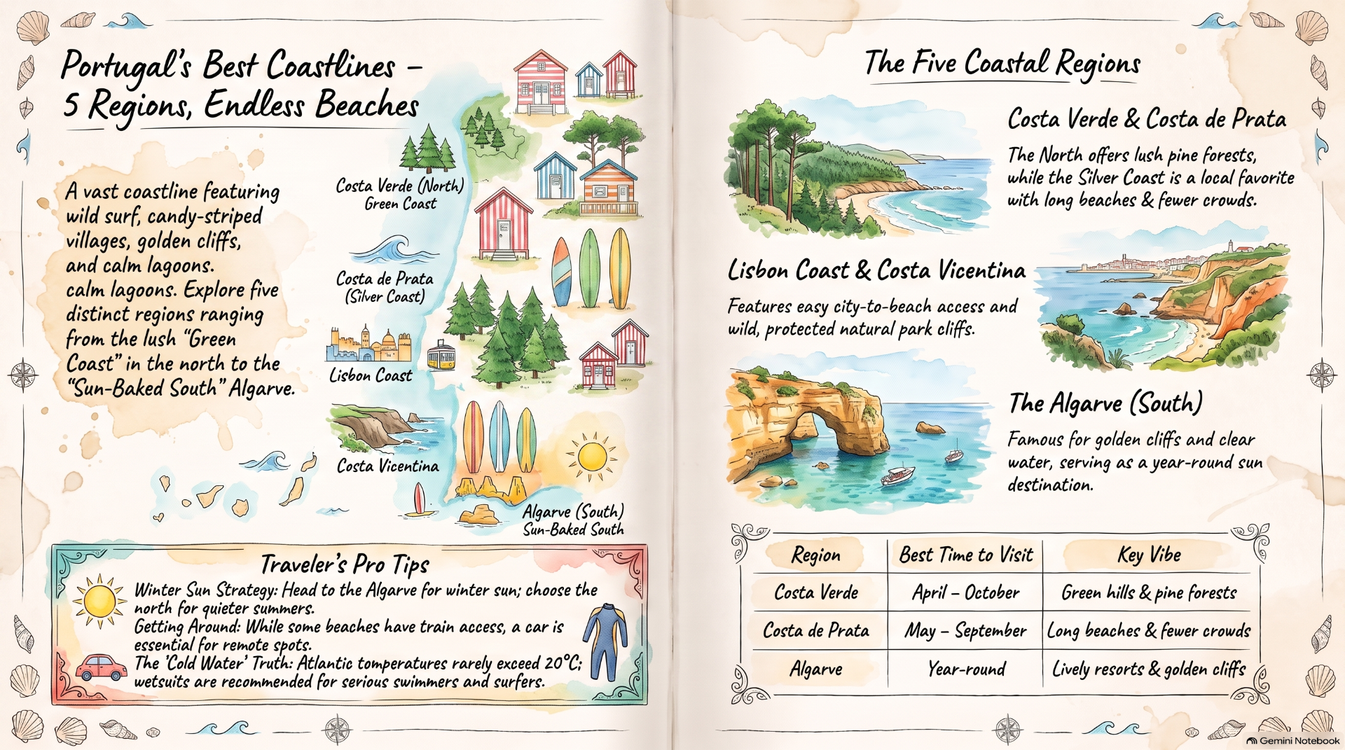Hand-drawn travel map of Portugal’s five coastal regions with beaches, surfboards, houses, and visit tips.