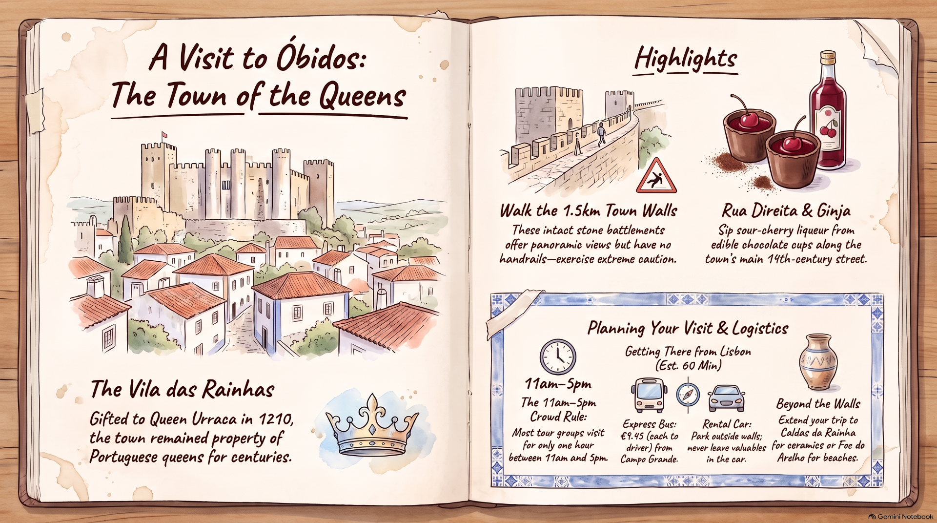 Open illustrated travel brochure showing Lisbon highlights, town walls, food drinks, and visit logistics with icons.