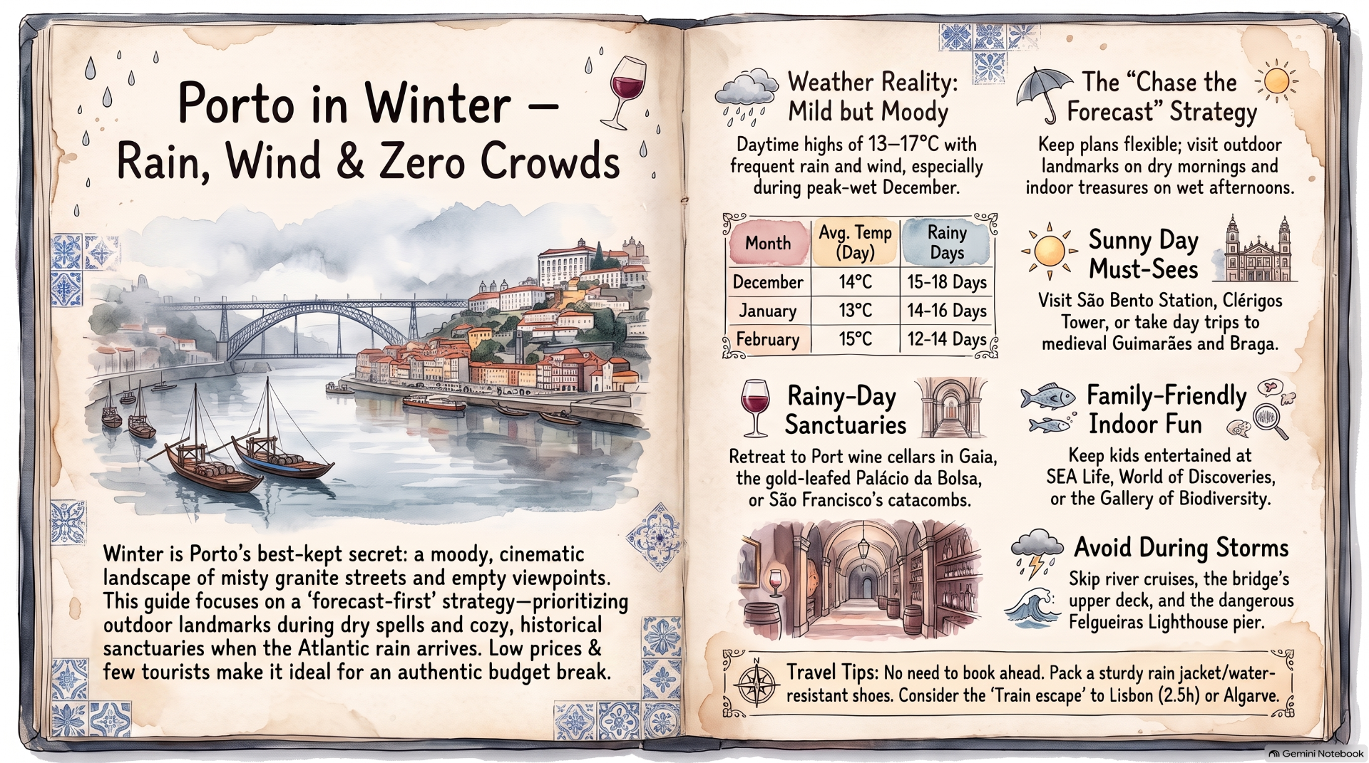 Open illustrated travel guide spread about Porto winter weather, rain icons, and scenic riverfront with boats.