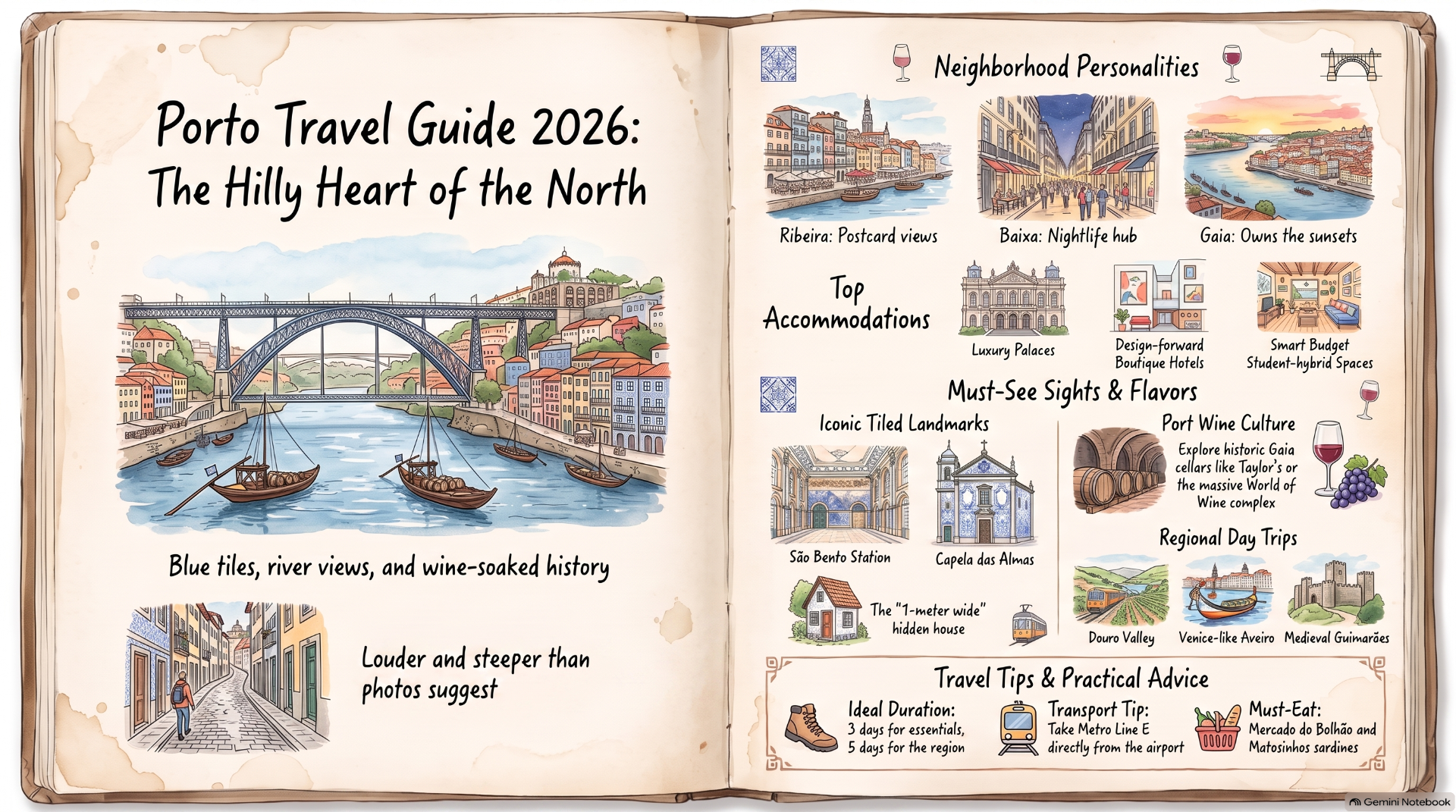 Open illustrated travel guide spread for Porto 2026, featuring river bridge, neighborhoods, sights, and wine culture.