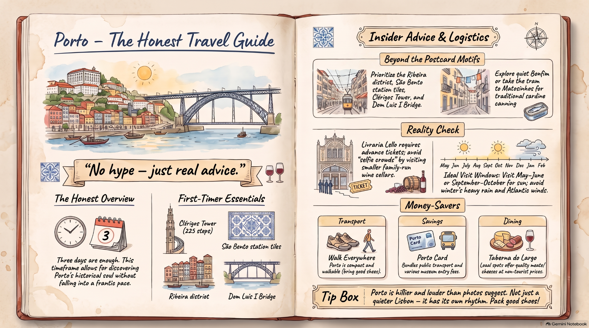 Open travel guide spread for Porto with illustrated river bridge, tram, and Lisbon-style tips and money savers.