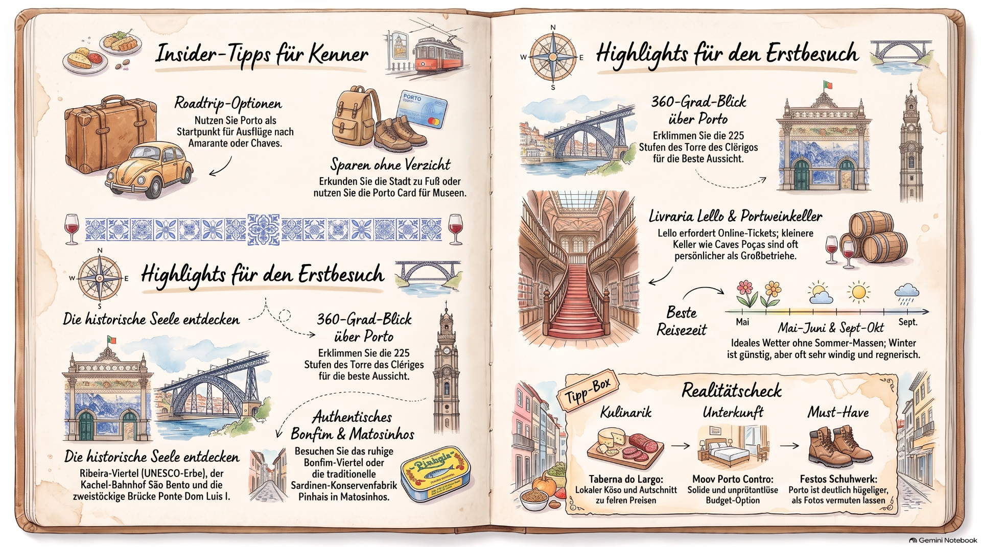 Illustration eines Reiseführers mit Porto-Highlights, Sehenswürdigkeiten, Textfeldern und kleinen Zeichnungen auf aufgeschlagenem Buch.