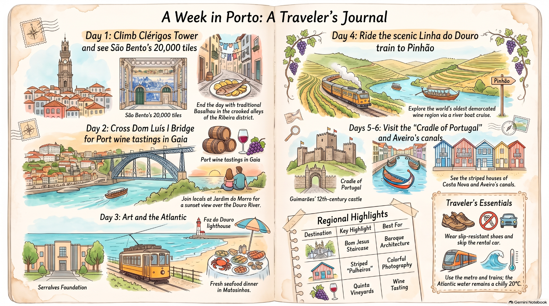 Hand-drawn travel journal page illustrating Porto itinerary days, landmarks, trains, boats, and regional highlights.