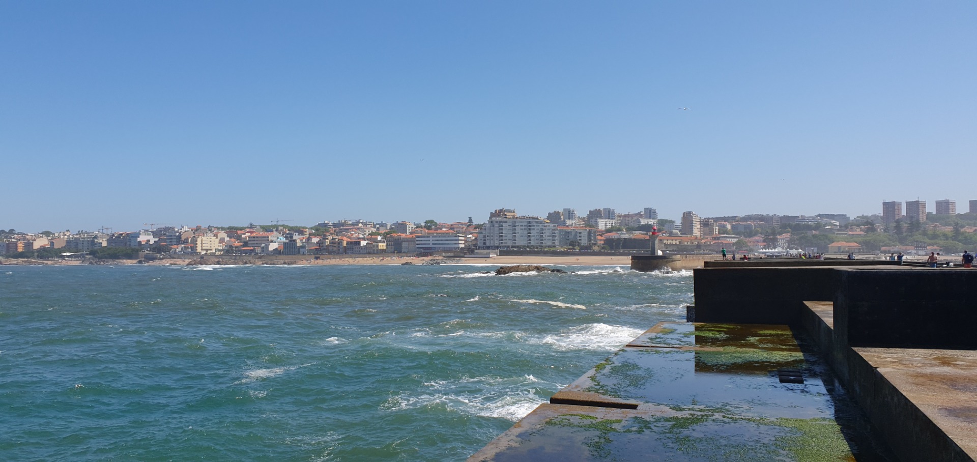 Coastal city skyline across choppy ocean, with concrete seawall foreground and distant buildings under clear blue sky.