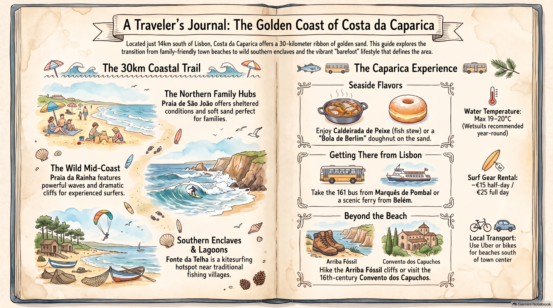 Illustrated travel journal spread about Costa da Caparica, showing beaches, buses, food, and surfing tips.